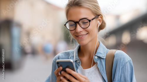 Faceless cheerful millennial blogger with modern cellphone technology for web chatting recreating at urban street, happy generation in electronic headphones listening positive musi