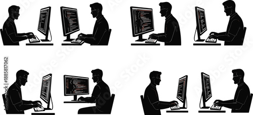 Repeating silhouette illustration of programmers or developers working and typing on desktop computers, coding software, and engaging in digital technology jobs.