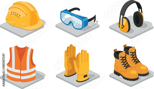 PPE icons, safety gear, construction equipment, hard hat, safety goggles, earmuffs, gloves, vest, boots, industrial protection, worker tools