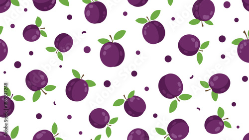 Fruit seamless pattern featuring ripe purple plums with green leaves and small dots scattered on a white background for food themes.