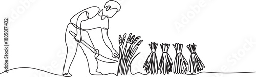 Single one line drawing of young male farmer was harvesting rice and there was also rice that had been tied up. Farming challenge minimal concept. one line Icon drawing
