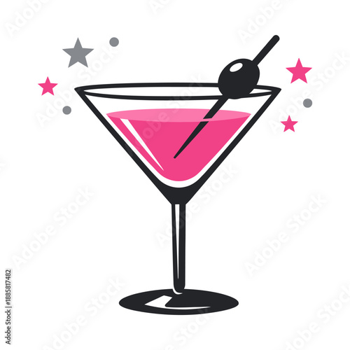 Clean line art illustration of a martini cocktail depicting a pink drink with sparkle for a party