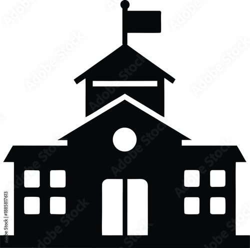 School building with clock and flag  black silhouette,School building icon