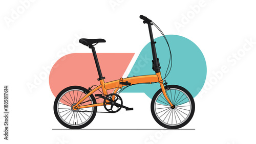 Modern orange folding bicycle designed for urban commuting and compact storage shown against a colorful graphic background.