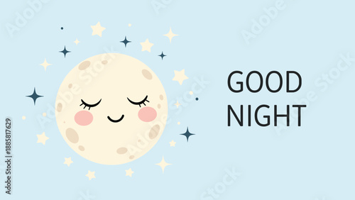 Peaceful sleeping moon character with pink cheeks and closed eyes surrounded by stars with the text Good Night on blue.