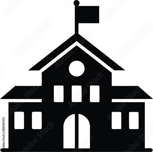 School building with clock and flag  black silhouette,School building icon