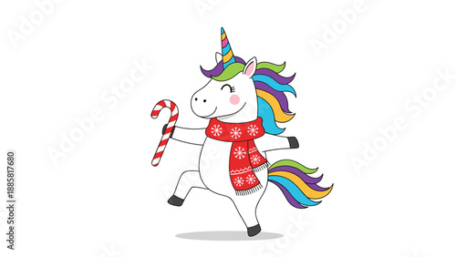 Festive white unicorn with a rainbow mane wearing a red winter scarf and holding a striped candy cane for Christmas.