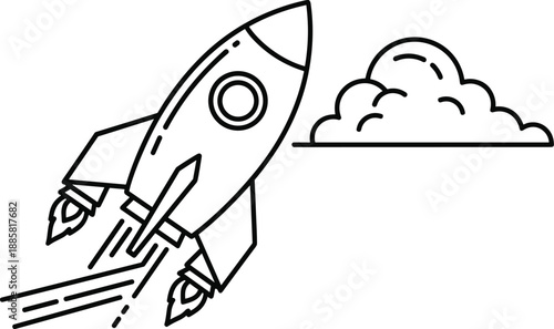 Rocket launch line drawing, black white sketch, space travel, propulsion flames, cloud ascent, exploration symbol, science illustration