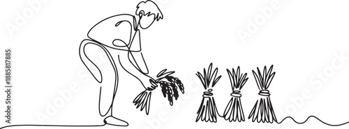 Single one line drawing of young male farmer was harvesting rice and there was also rice that had been tied up. Farming challenge minimal concept. one line Icon drawing