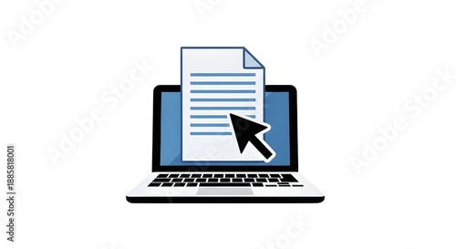 Laptop with Document and Cursor Icon: Digital Paperwork, Online Form, Data Entry