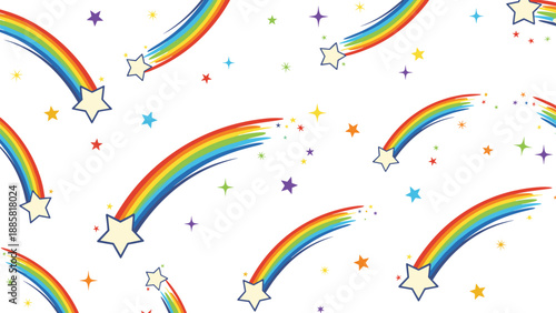 Colorful seamless pattern featuring vibrant rainbows and shooting stars with multi-colored sparks on a clean white background.