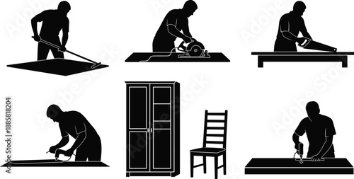 Carpentry and woodworking silhouettes set craftsman using tools furniture making process isolated on white background construction industry manual labor concept illustration