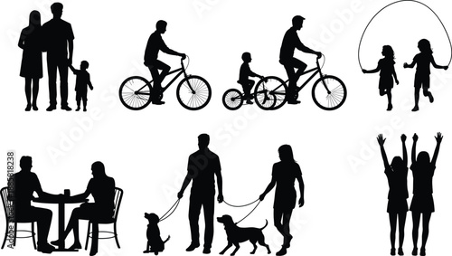 Black family silhouette collection showing parents and children walking, cycling, playing jump rope, dining together, dog walking moments, isolated vector illustration set