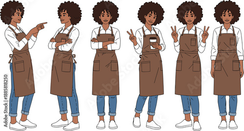 Barista woman character set illustration, coffee shop worker poses, cafe employee uniform, diverse female service staff, friendly expressions, flat vector design, isolated on white