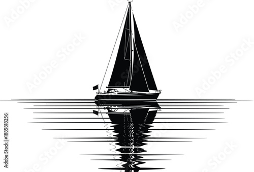 Sailboat reflection illustration, calm water sketch, black white drawing, minimal nautical scene, peaceful marine silhouette, symmetry concept