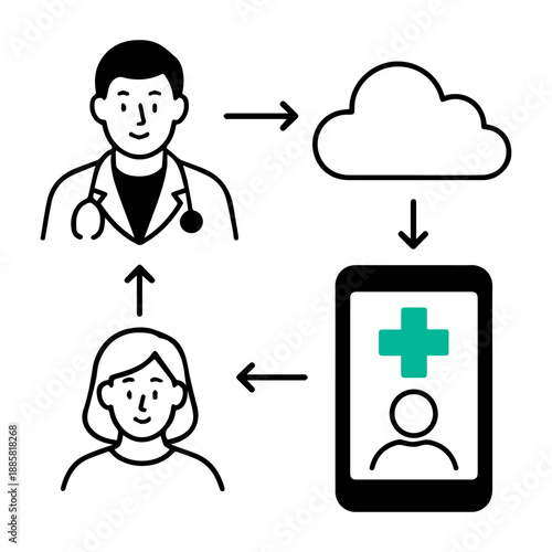 Telemedicine Concept Illustration Featuring Patient, Doctor, Cloud Computing, and Mobile Health App in Flat Line Art Style for Digital Healthcare Services