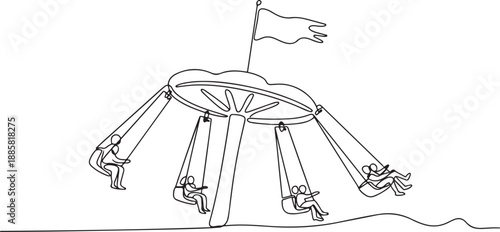 Continuous one line drawing wave swinger in the amusement park with four seats and a flag above. The passengers can swing around in the sky. one line Icon drawing