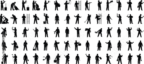 Construction worker silhouette set, handyman and laborer activities collection, tools and equipment poses, industrial workforce icons, black vector illustration isolated on white background