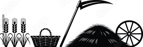 Agriculture harvest symbols with wheat plants, basket, sickle, haystack and wooden wheel, traditional farming tools, black silhouette vector illustration