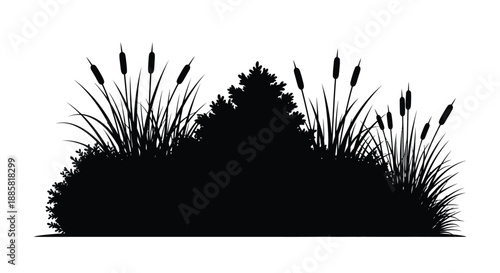 A black silhouette of wetland vegetation including cattails and bushes nature s tranquil scene