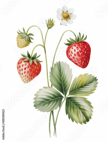 Fresh strawberry plant with blossoms and ripe fruit in soft watercolor.
