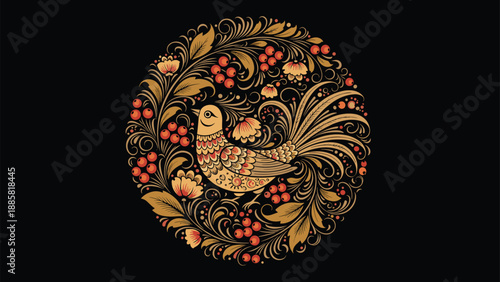 Beautiful traditional Russian folk art Khokhloma illustration with a decorative bird among floral patterns and berries.