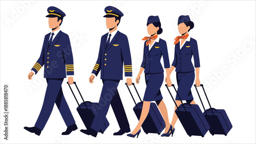 Professional Airline Crew Walking with Luggage Vector Illustration