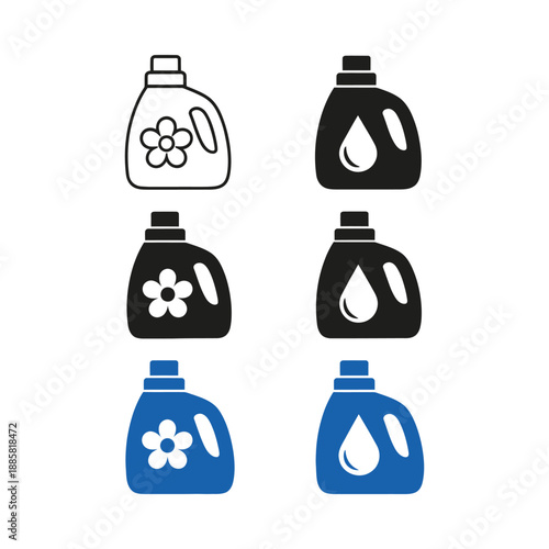 Modern icon laundry detergent bottle set featuring flower and water drop symbols for laundry and cleaning purposes