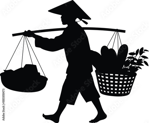 Black silhouette farmer carrying harvest baskets with shoulder pole, traditional agriculture lifestyle vector illustration, rural farming and food production concept