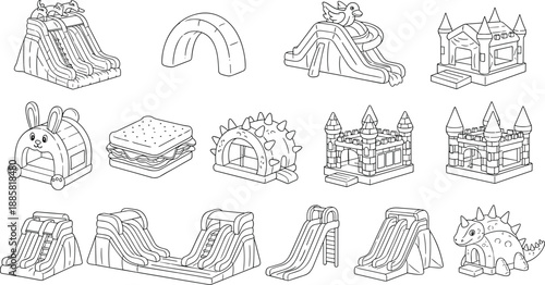 Inflatable bounce house and slide collection, playground equipment outline illustration, kids party bouncy castle, water slide, fun amusement park set, black white vector art