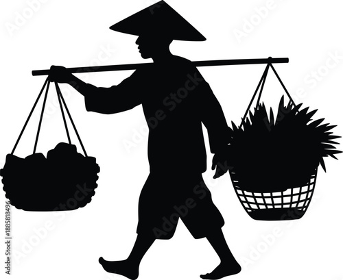 Black silhouette farmer carrying vegetable harvest baskets with shoulder pole, traditional agriculture lifestyle vector illustration, rural farming concept