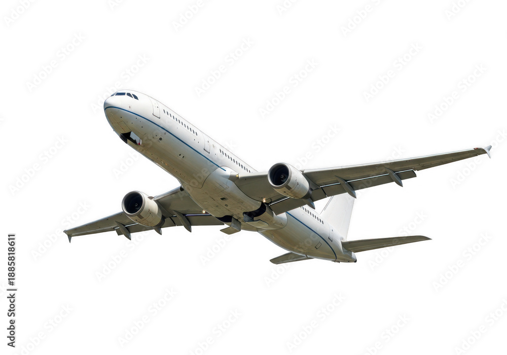 Obraz premium Large passenger jet flying in clear sky isolated on transparent background