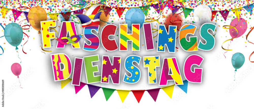 Naklejka premium Faschingsdienstag Long Header Banner mit Luftballons, Luftschlangen und Konfetti 