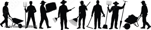 Black silhouette farmers group holding garden tools and wheelbarrows, agricultural workers lineup vector illustration, rural farming teamwork and outdoor labor concept
