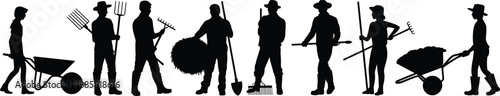 Black silhouette farmers team holding garden tools and wheelbarrow, agricultural workers lineup vector illustration, rural farming teamwork and outdoor labor concept