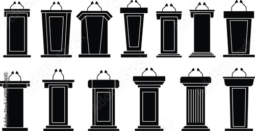 Podium lectern silhouette set illustration, public speaking stands with microphones, political debate and conference stage elements, black vector icons isolated on white