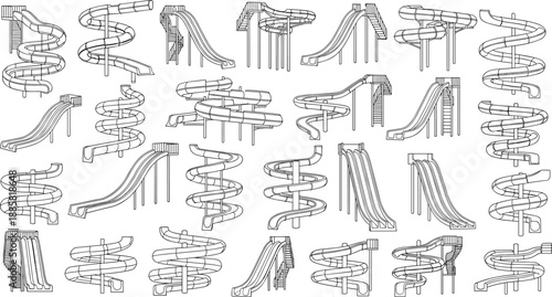 Playground slide set technical line illustration collection spiral straight curved children park equipment isolated on white background for architecture planning education design use