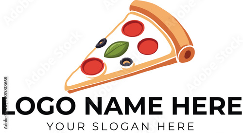 Pizza slice logo vector with pepperoni, olives, cheese, and basil for fast food or pizzeria branding