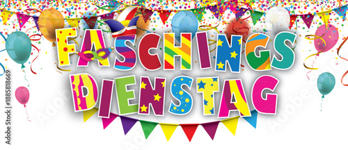 Faschingsdienstag Long Header Banner mit Luftballons, Luftschlangen und Konfetti	