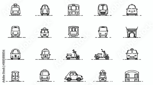 Front-view line icons of buses, trams, scooters, and urban gates for public transit interface design and city mapping