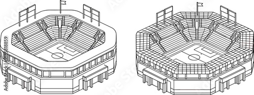 Sports stadium isometric outline illustration set, football soccer arena architecture design, grandstand seating structure, modern arena blueprint style, black white vector isolated
