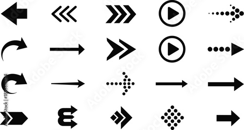 Arrow icons set showing navigation direction forward backward play rewind dotted and bold arrows for user interface controls wayfinding web design and multimedia navigation systems