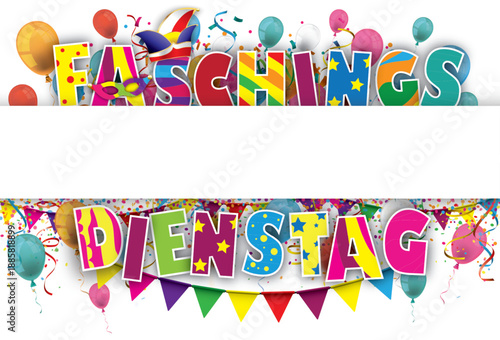 Faschingsdienstag Header Banner mit Luftballons, Luftschlangen und Konfetti	