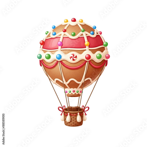 Gingerbread hot air balloon with colorful candies isolated on transparent background for festive designs