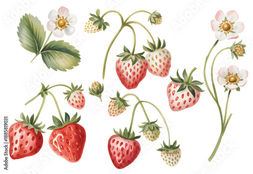 Botanical strawberry branch with berries and leaves in gentle watercolor.