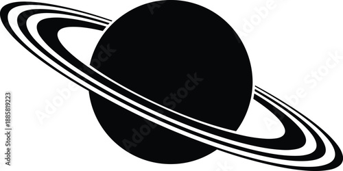 Minimal black and white ringed planet silhouette illustration inspired by Saturn, representing space, astronomy, science, universe exploration, celestial bodies, cosmic design