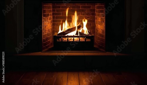 Cozy fireplace with burning logs and candles in warm home interior.