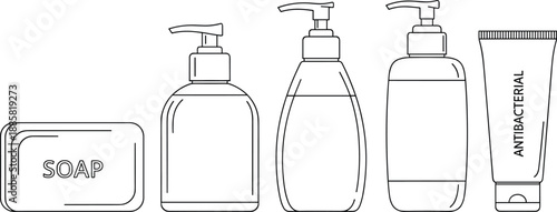 Outline hygiene product icons set featuring soap bottles pump dispensers and antibacterial tube packaging for personal care skincare health safety and bathroom design projects