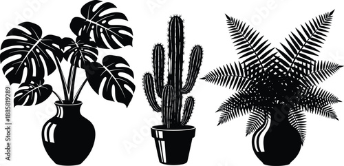 Potted houseplant silhouettes set with monstera cactus and fern foliage in vases for interior decor botanical design modern home styling projects and minimalist illustration