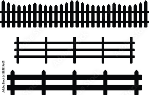 Black wooden fence vector illustration set, classic picket and horizontal rail garden fencing silhouettes, isolated decorative boundary designs for landscaping and outdoor property concepts